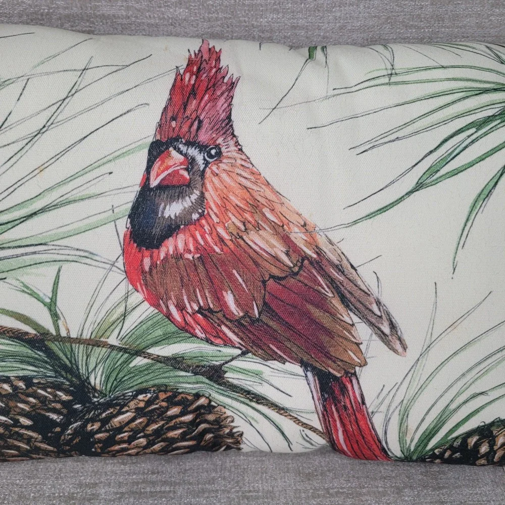 Pottery Barn Cardinal Pinecone Lumbar Pillow 16x26 Winter Christmas Decor RARE